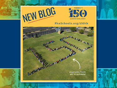 Students from all 15 schools form a giant 150 on Kenilworth field