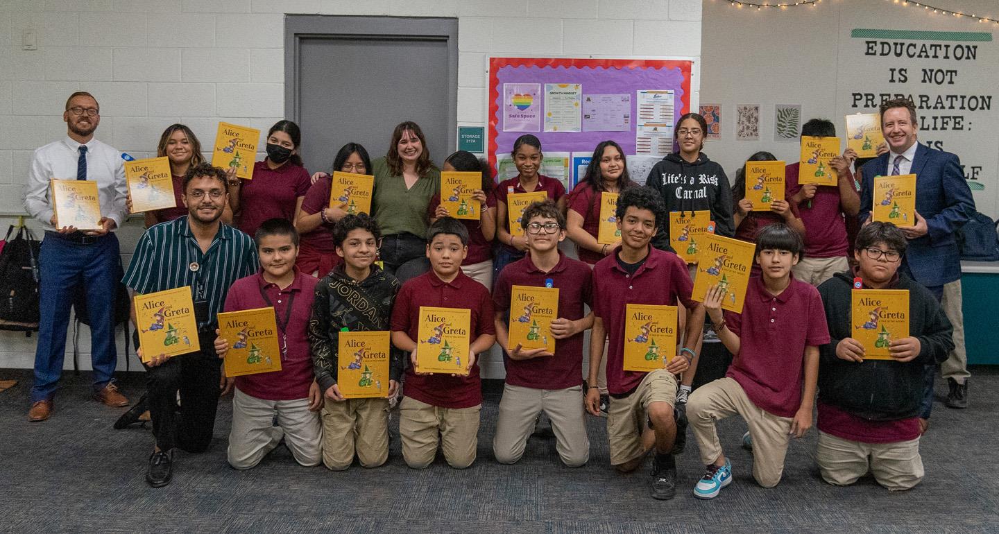 Maricopa County School Superintendent Steve Watson reading Alice and Greta by Steven J. Simmons to Ms. McEvoy's 7th-grade class at Garfield Elementary School.